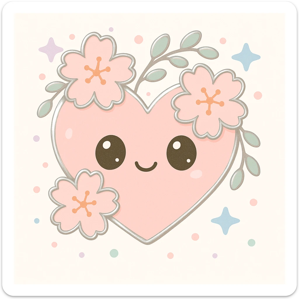 Make the silver details on the heart with sakura more prominent in kawaii style. sticker