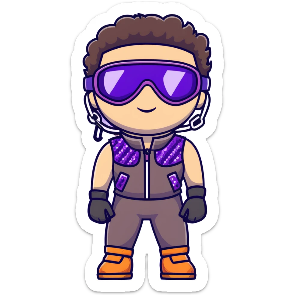 close-up of bad guy male athlete with white skin and moderately curly dark brown hair on top with shaved sides, wearing ski goggles with purple frames and very dark black lenses, a simple plain black chain necklace, and a completely unzipped sleeveless vest with purple and black sequin fire pattern design with no logo, with an extremely arrogant expression sticking his tongue out mockingly, looking menacing and villainous sticker