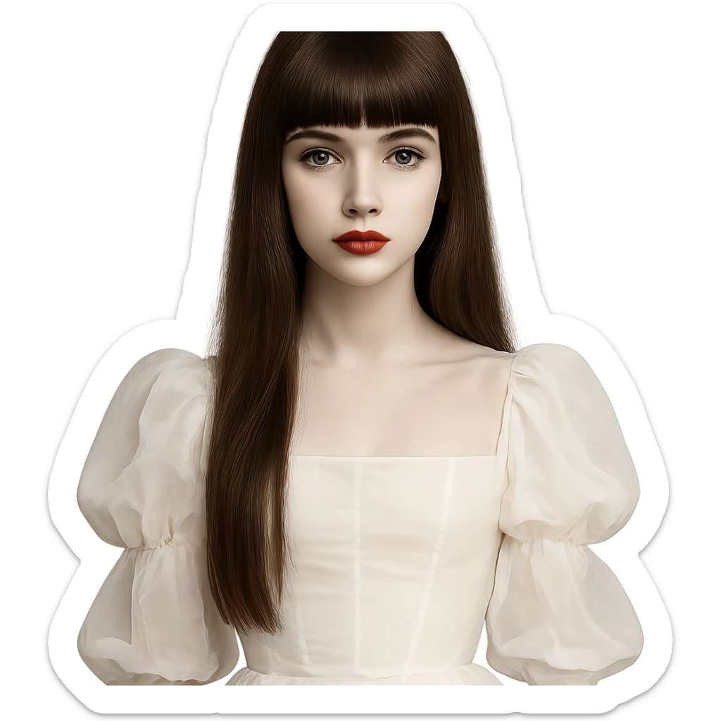pale girl with chest-length straight brown hair, bangs above the eyebrows covering the forehead, brown almond-shaped eyes, red lips, V-shaped face, small thin nose, wearing a white bouffant dress sticker