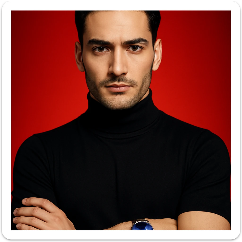 Create an editorial fashion magazine style portrait, ultra-realistic, of the person in the reference image. Highlight sharp features, fair flawless skin, black turtleneck, sleek black hair, arms crossed, and a wristwatch with a blue dial and brown strap. The background is a bold red gradient with dramatic lighting. The composition is symmetrical and minimal, rendered in 4K. sticker