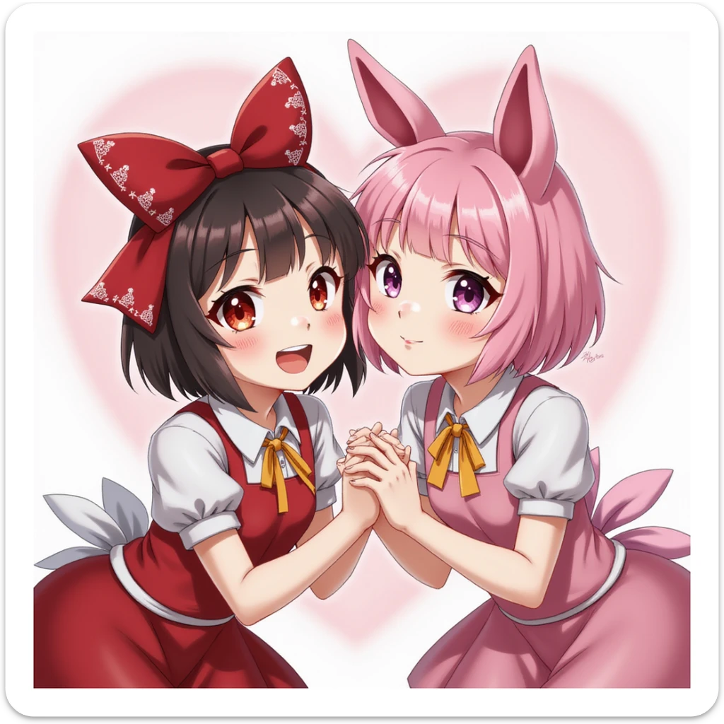 Kuromi and My Melody together, photorealistic style, winking, holding hands, high detail sticker