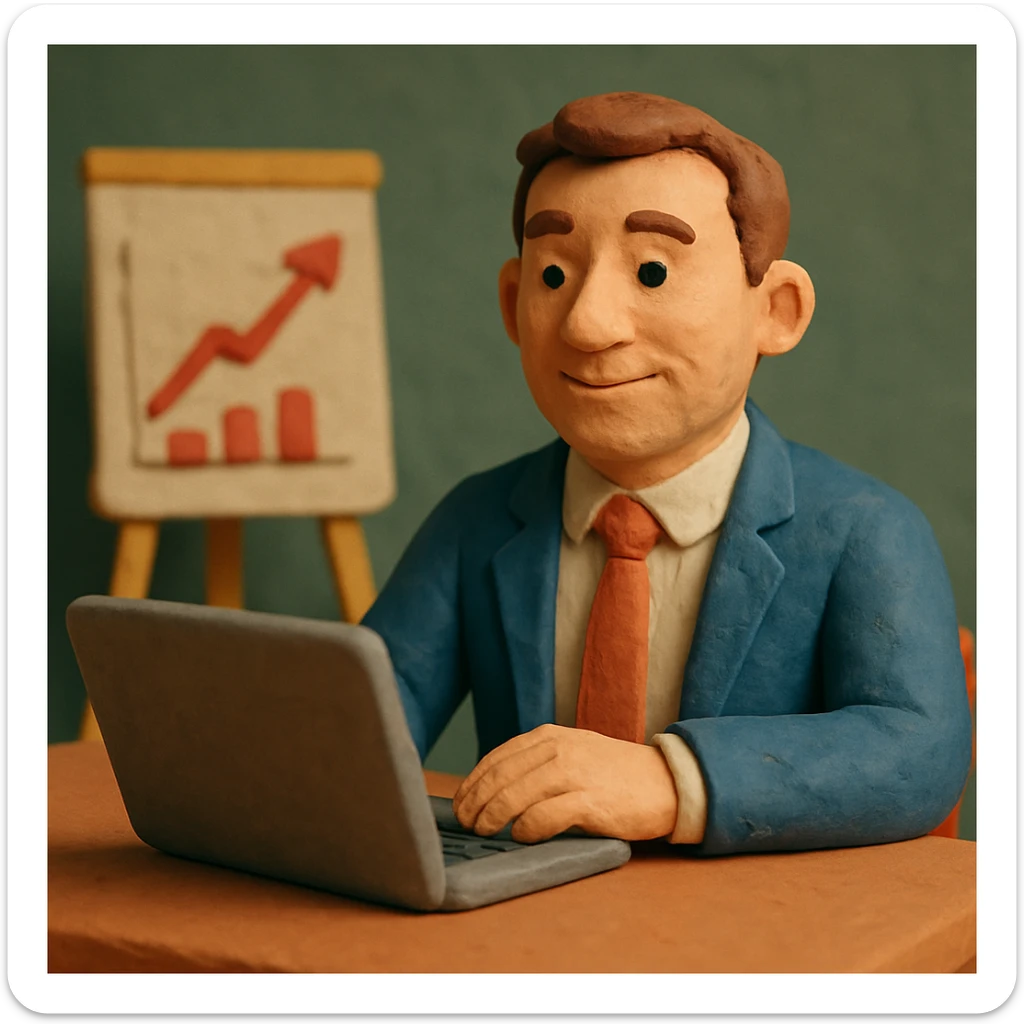 A 35-year-old male business coach sitting at a table with a laptop sticker