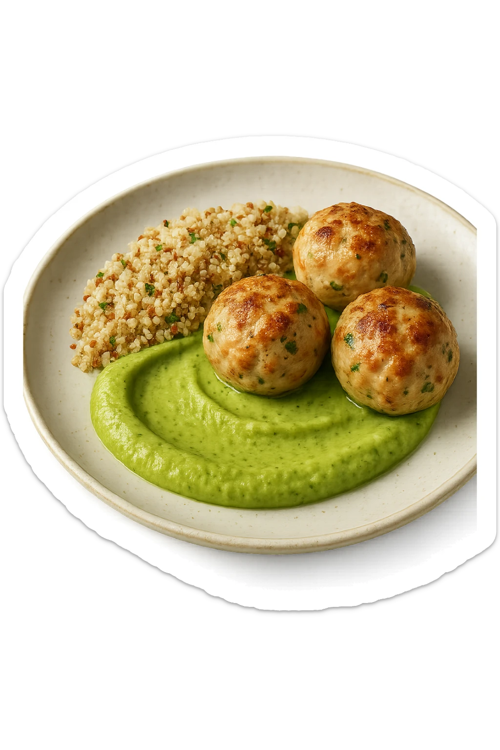 polpette di tacchino, purè di zucchine, quinoa e olio di oliva, iperrealistico 4k sticker