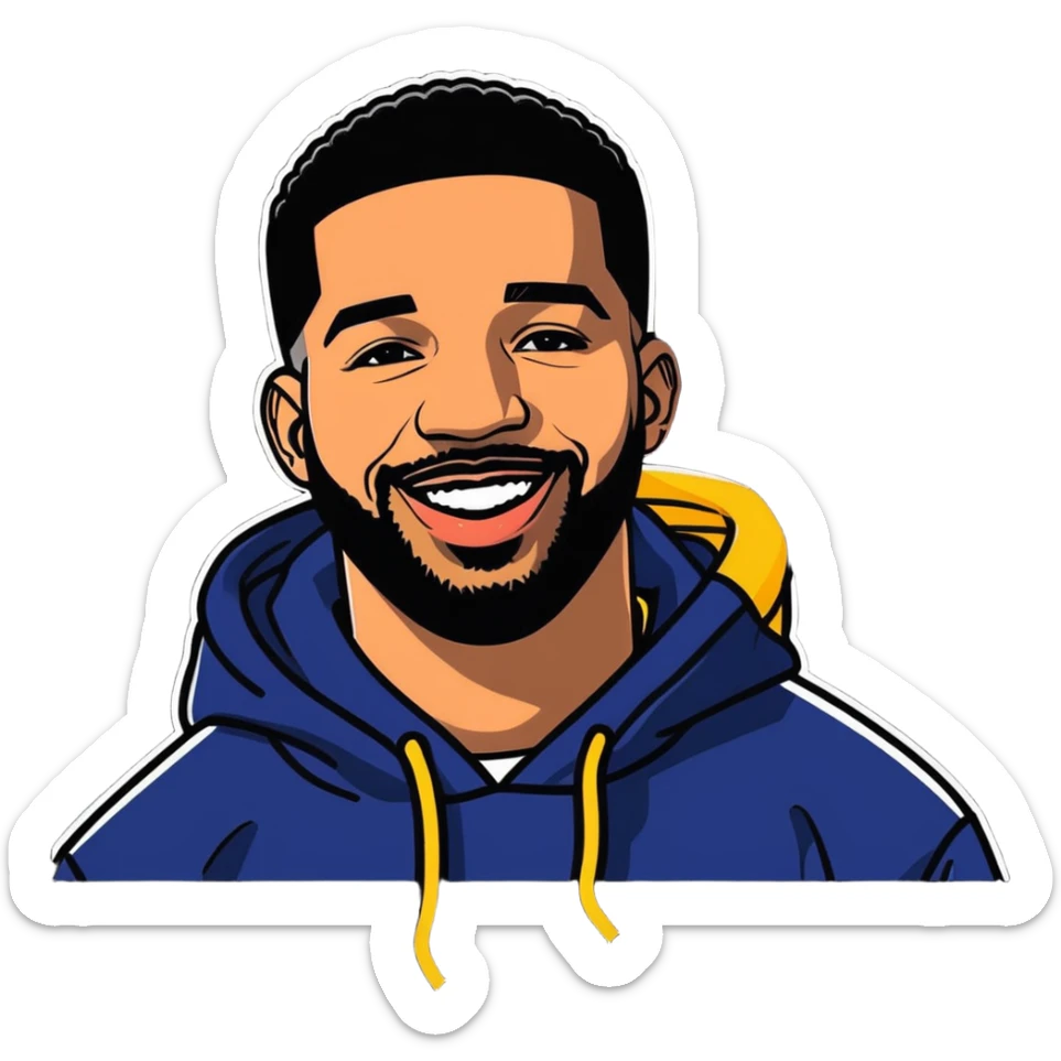 Toronto celebrity, musician, rapper drake 2025 illustration, sticker design. must be ultra hyperrealistic, mirco-detailed, flat layout. Colorful, Life-like, joyful expression.
 Must be 8k hd, 8000x8000px resolution. Must use very thin transparent smooth lines, around the illustration  sticker