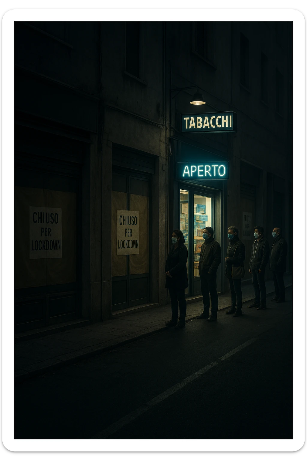 a deserted city street with all shops and businesses shuttered, their windows covered with “Chiuso per Lockdown” signs. In contrast, a brightly lit tobacco shop stands open, with a glowing “Aperto” sign and people lined up outside, all wearing masks. The mood is somber and critical, highlighting the paradox. in italiano sticker