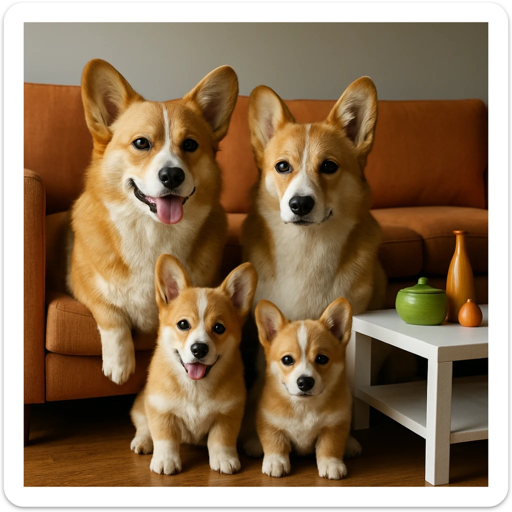 Make the corgi family and living room scene look more realistic and lifelike, with natural fur textures, realistic lighting, and detailed features, while keeping the same composition. The style should be realistic and photorealistic to enhance the natural appearance of the scene. sticker