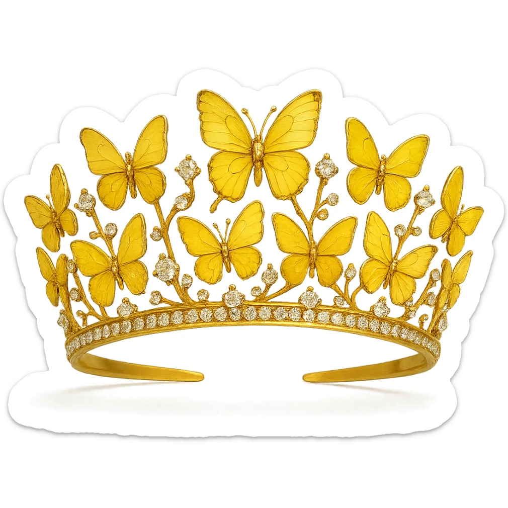 butterfly crown with a yellow base, butterflies in various yellow enamel shades, sparkling gems sticker