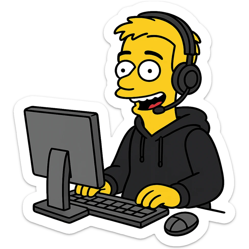 cheerful IT support in Simpsons style, yellow skin, black hoodie, headphones, sitting at a computer sticker