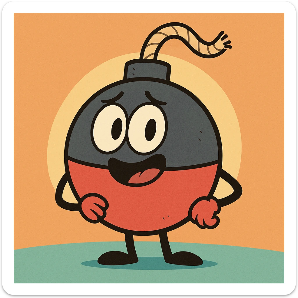 Cartoonish hybrid of a bomb and a fishing bobber, with a visible fuse, flat toon style, simple and colorful, bold outlines sticker