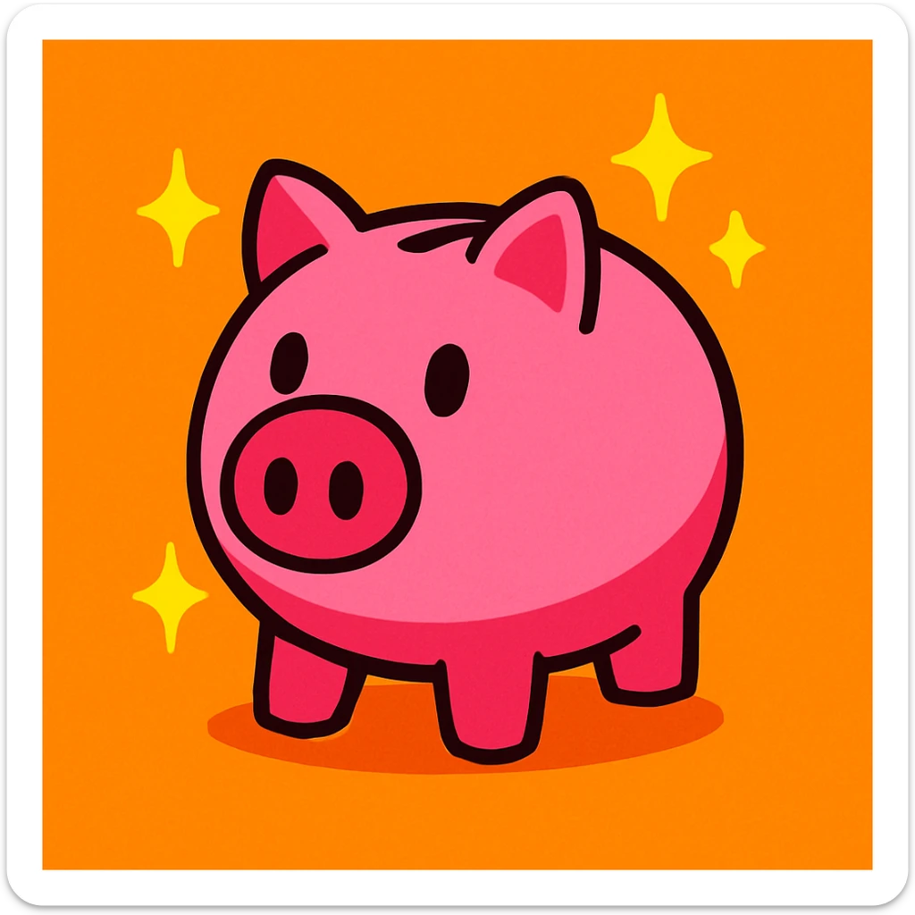 cute pink piggy bank with a round snout and a classic coin slot, bright highly saturated cartoon style, with sparkles around it sticker