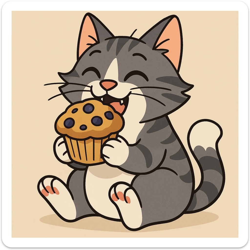 a grey and white cat happily munching on a blueberry muffin, cartoon style, colorful illustration sticker