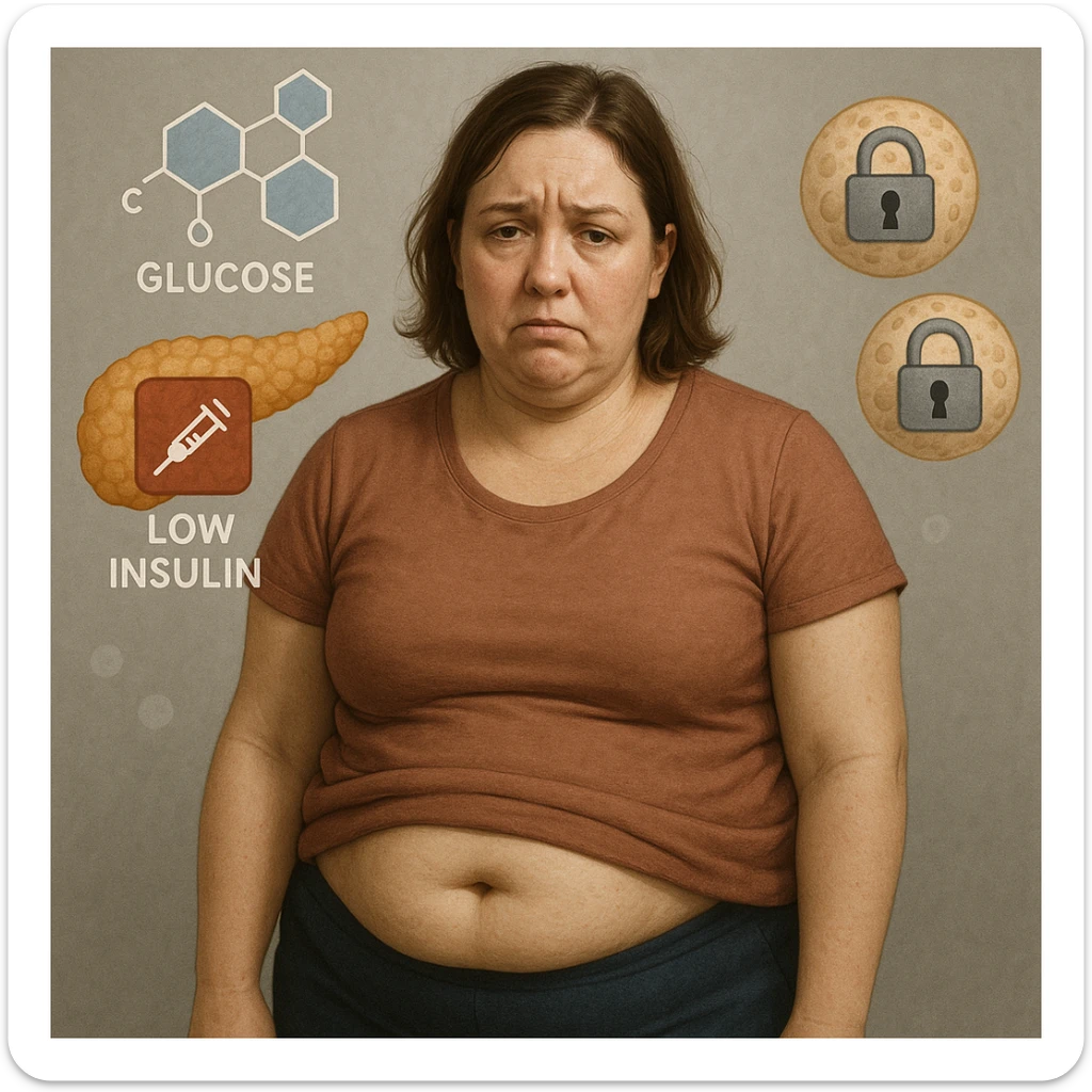 Realistic late 30s woman, slightly overweight, fat accumulation on abdomen and face, in a neutral environment. Expression tired and frustrated. Around: stylized pancreas with low insulin icon, glucose molecules, cells with closed padlocks. Realistic style with medical symbolic elements. sticker