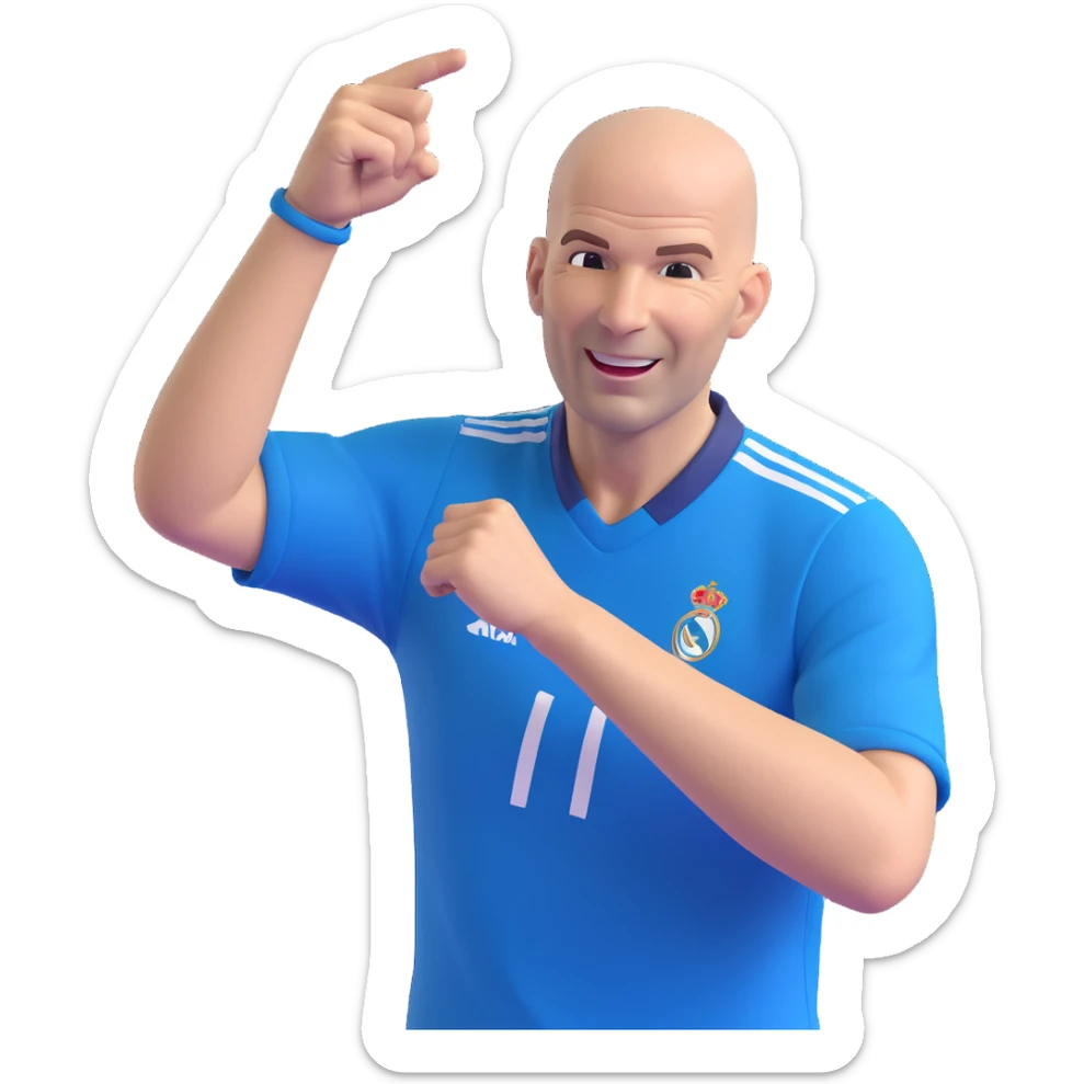Zinedine Zidane, 3D emoji style, bald, blue football shirt, celebrating, cheerful face sticker