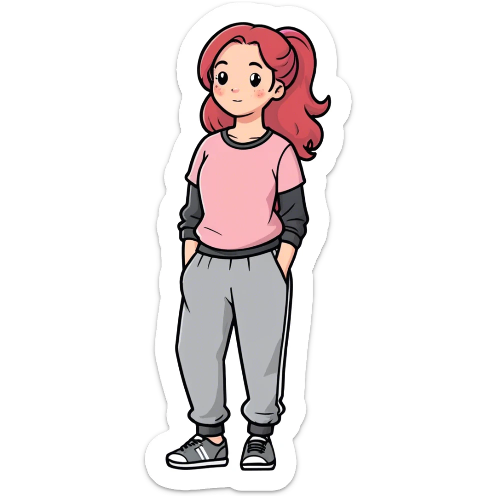 Red hwad long hair pink top pale freckles and sweatpants sticker