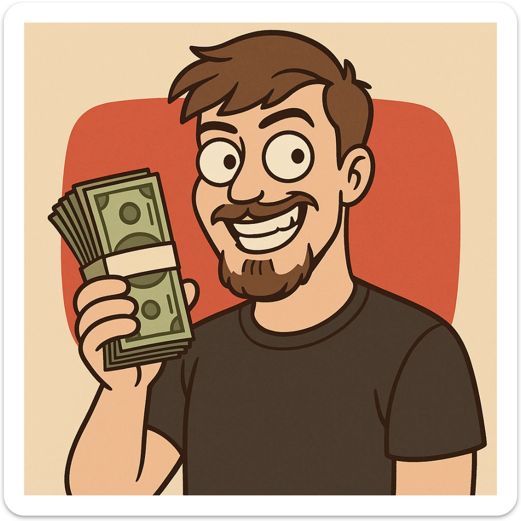 MrBeast holding a stack of money, playful grin, cartoon style, YouTube background sticker
