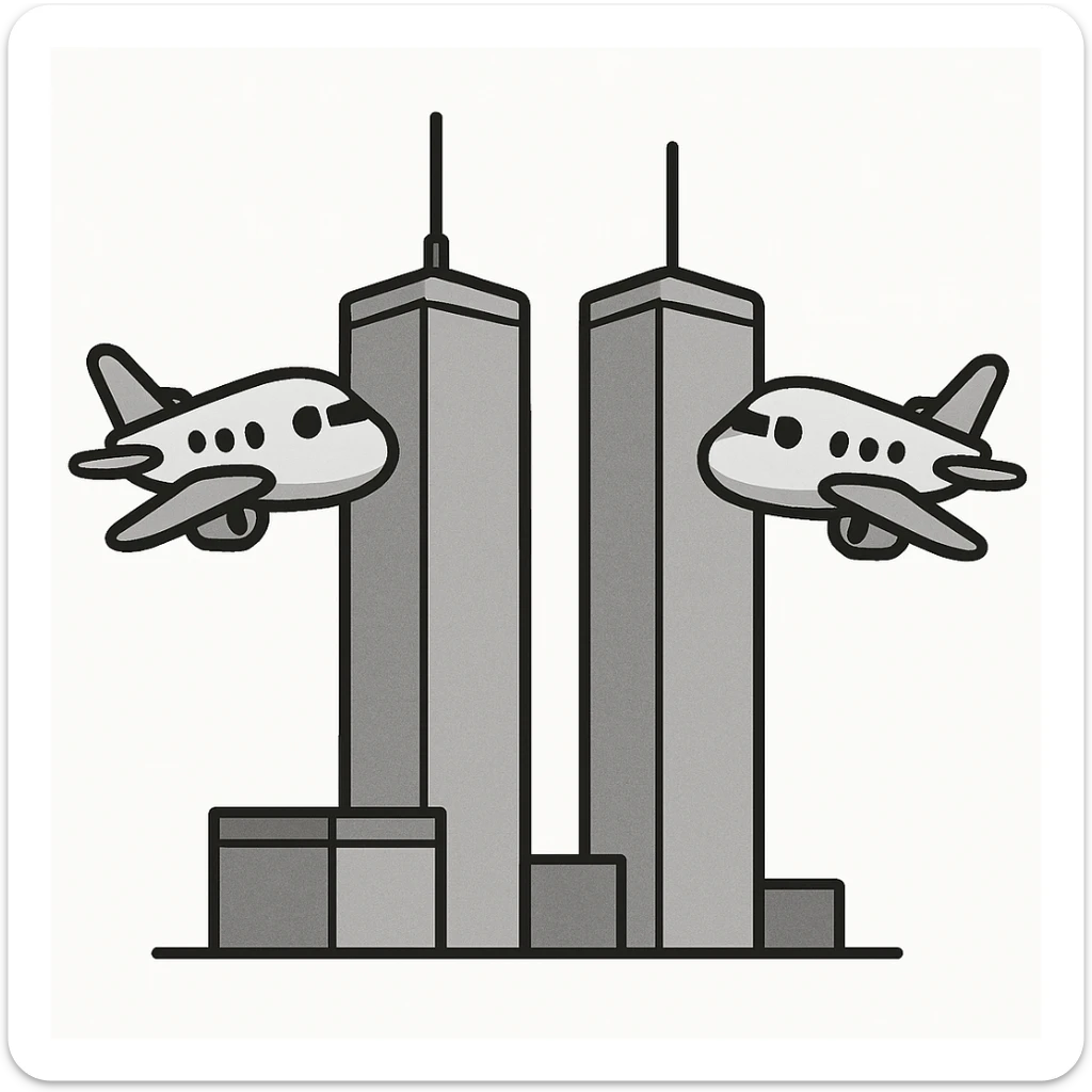 twin towers avec deux avions s'approchant, style minimaliste, couleurs neutres, pas de fumée ni de feu, ambiance neutre sticker