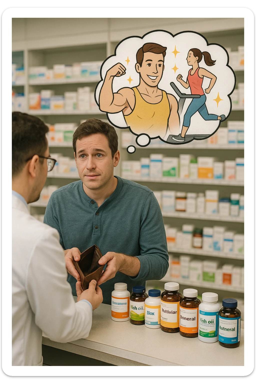 a man stands at a pharmacy counter, handing over a nearly empty wallet to the cashier while the counter is filled with bottles of supplements and vitamins. His expression is hopeful but slightly anxious. In the background, a thought bubble shows exaggerated images of instant health and fitness, symbolizing unrealistic expectations.  in italiano super realistica sticker