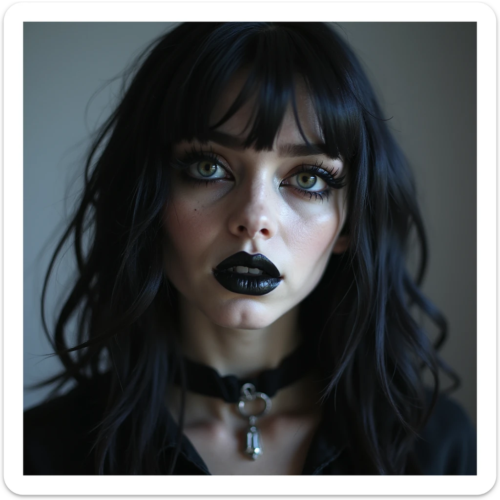 BLACKPINK inspired goth emoji, photorealistic style, black lipstick, black contact lenses, dark background, mysterious vibe sticker