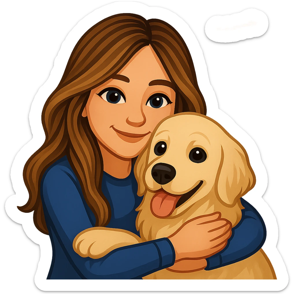 Create an emoji style image of a 20-year-old dirty blonde woman with brown highlights in her long hair and dark blue eyes, hugging an English cream golden retriever. The background is a warm sunset, and the scene is affectionate and playful. sticker