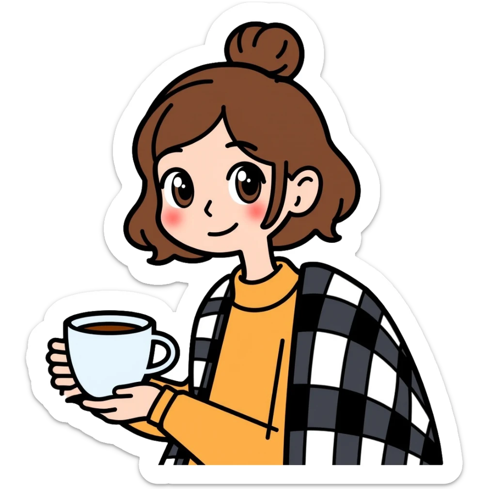 A 16-year-old girl with brown eyes and brown hair, with a black and white checkered blanket on her back, holding a white cup of tea in her hand sticker
