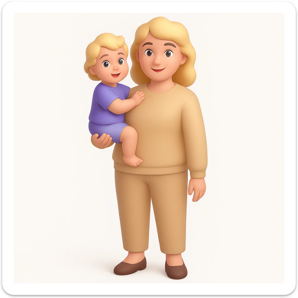 A happy mother with a child in beige clothes in different poses, 3D emoji style sticker