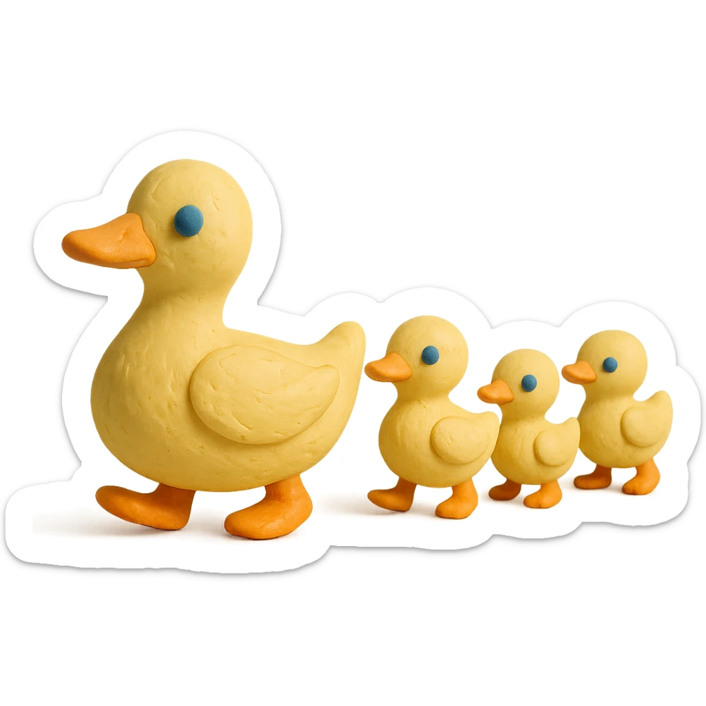 mother duck with ducklings following her, playful and cute, pastel colors, visible fingerprints, claymation style sticker
