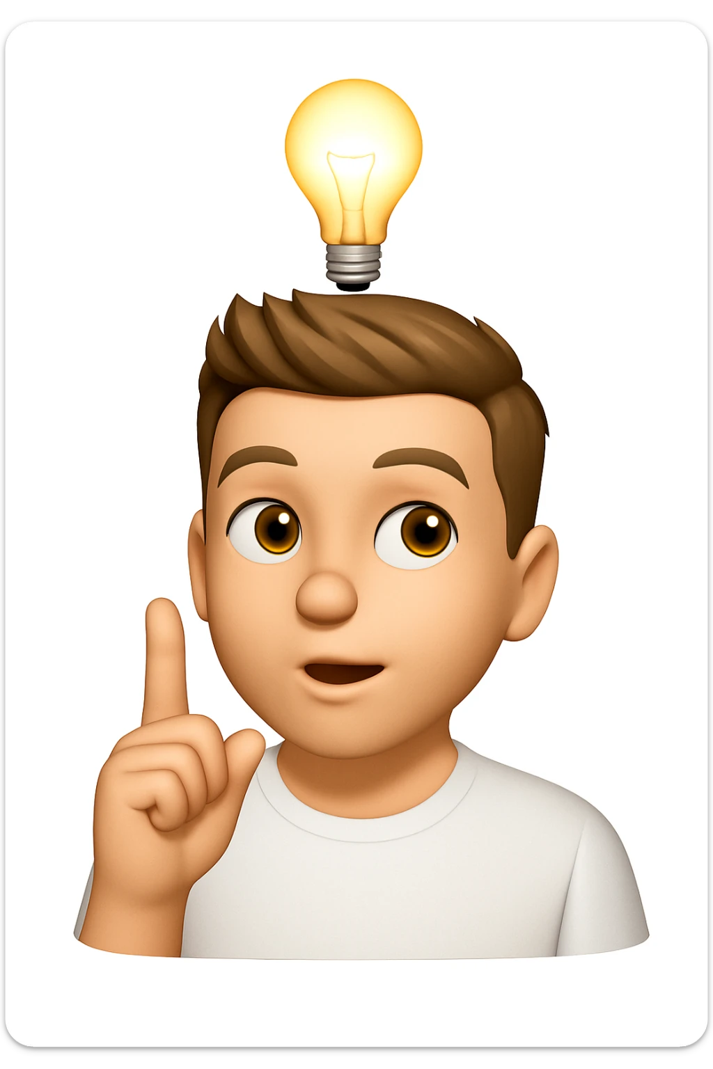 Based on these photos, make an emoji with facial features preserved, man in white t-shirt, got an idea, light bulb over head

 sticker