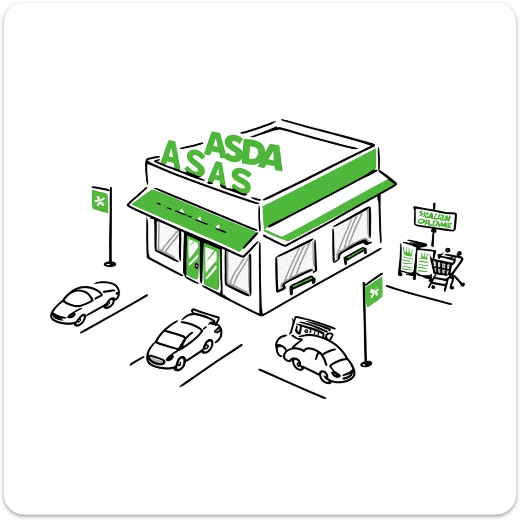 Isometric ASDA supermarket with distinctive green branding, shopping trolley collection points, customer entrance with automatic doors, and car park sticker