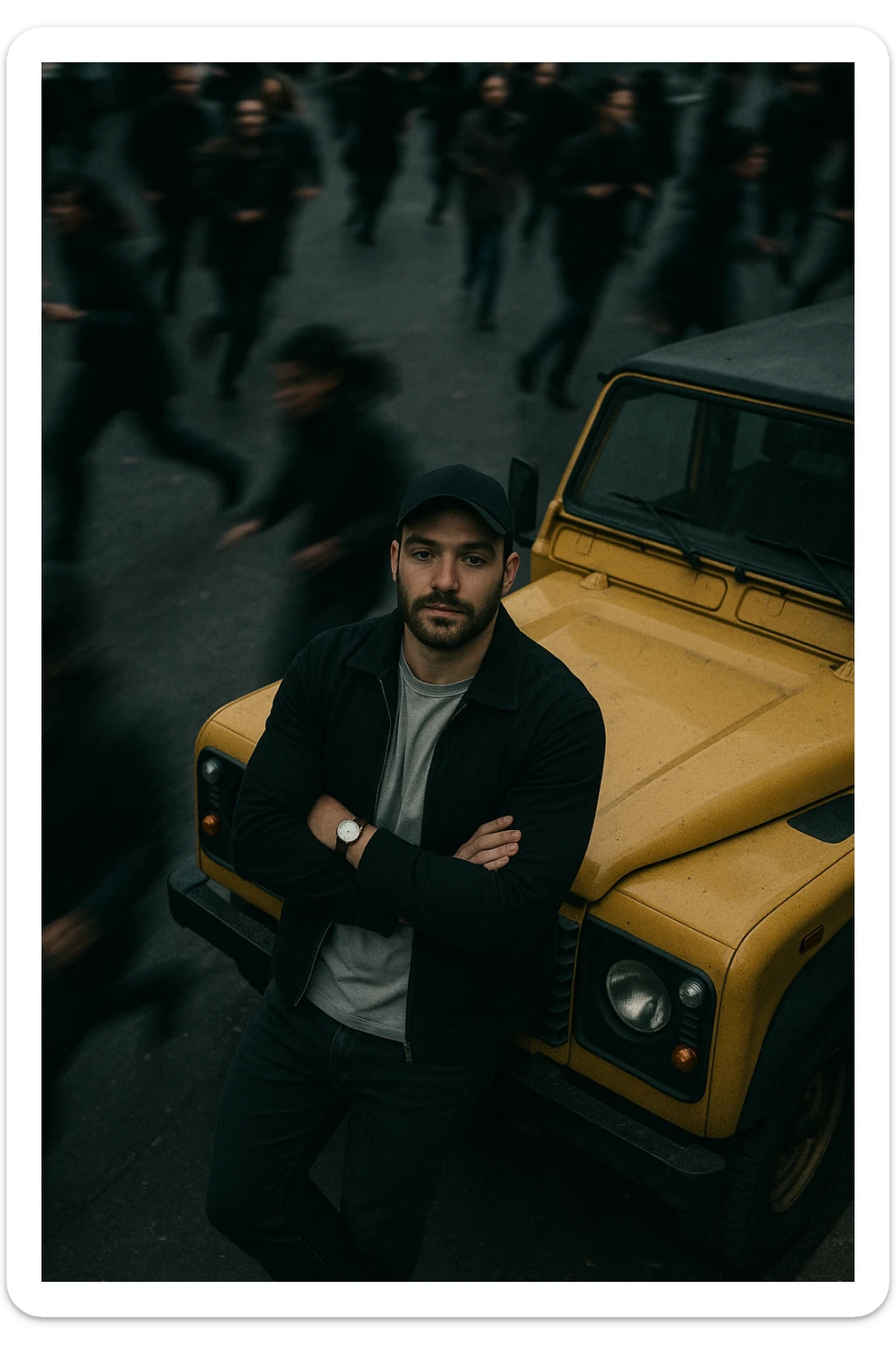 An aerial cinematic shot of me leaning against a yellow land rover defender on the street, wearing a t-shirt under a black jacket. A blurry crowd of people running around me. Gloomy lighting, 35mm film style, shallow depth of field, sharp focus on me.  sticker