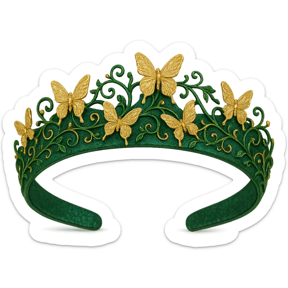 butterfly crown in emerald green with golden butterflies and vine motifs, lush and enchanting sticker