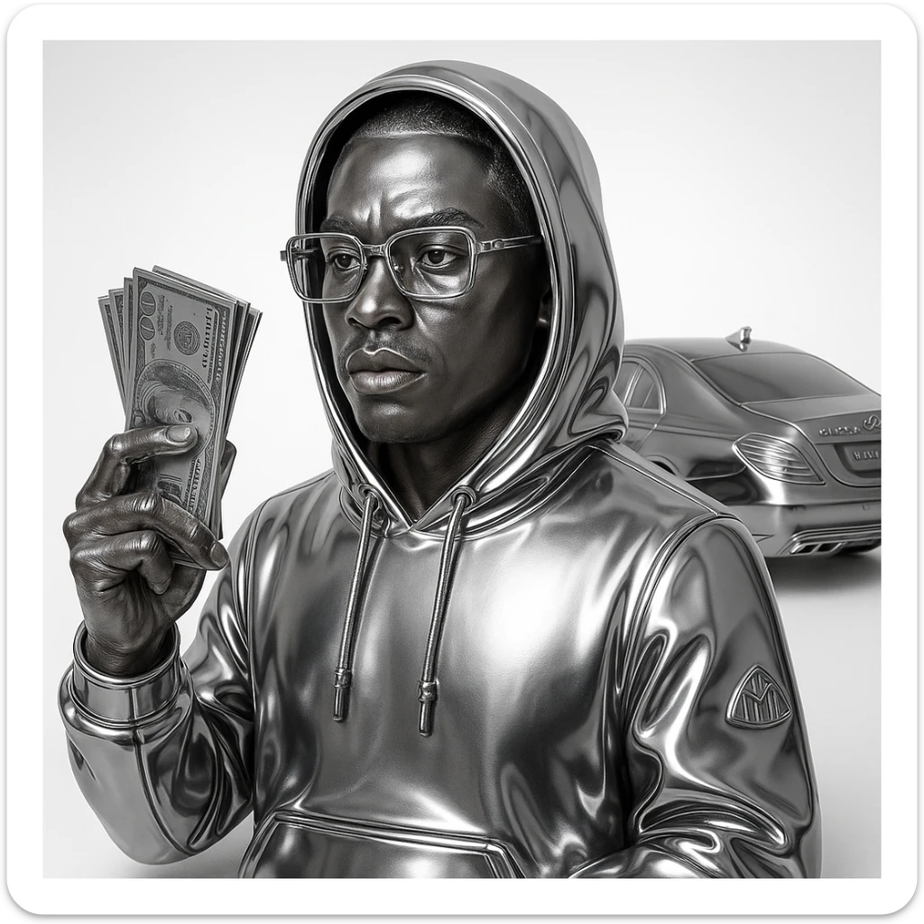 chrome style icon of a person with natural light brown skin tone, expressive facial features, and a hand naturally showing a missing finger, dressed in shiny chrome hoodie and clothes, Cartier glasses, holding realistic US dollar bills instead of money, featuring a Maybach car in the background, bold iconic style sticker