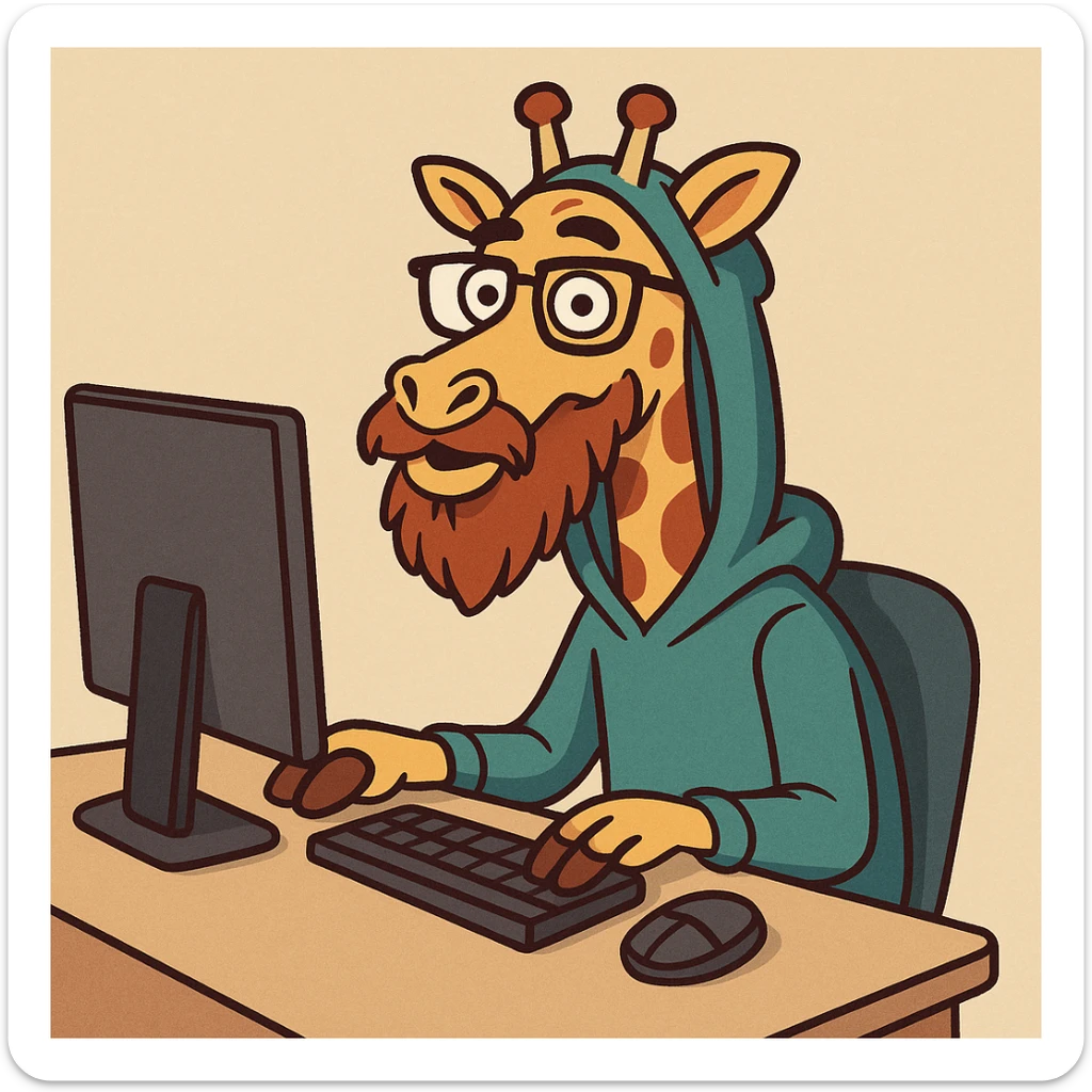 cartoon style illustration of a giraffe with a beard, glasses, and a hood, sitting at a computer, vibrant colors, playful and expressive sticker