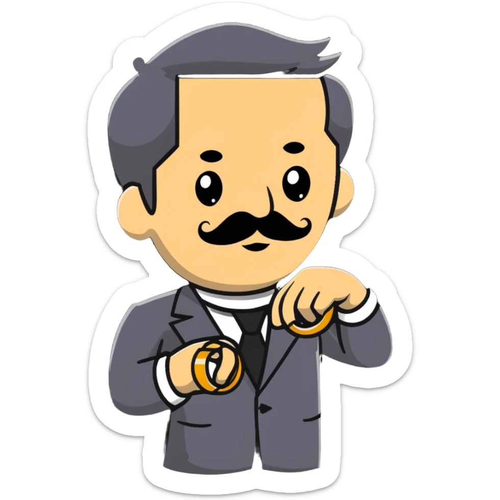 italian man Luigi Mangione with mustache wearing a large gold wedding band ring sticker