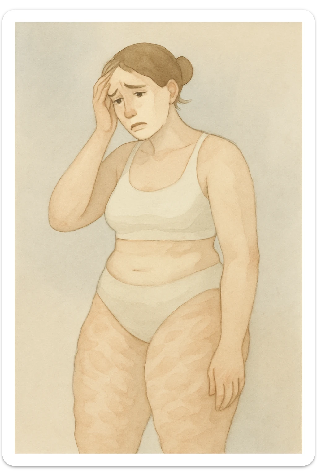 painterly style with soft colors of a woman with a lot of cellulite, visibly desperate and tired of her condition, face visible with a marked expression of despair and fatigue, gradient background sticker