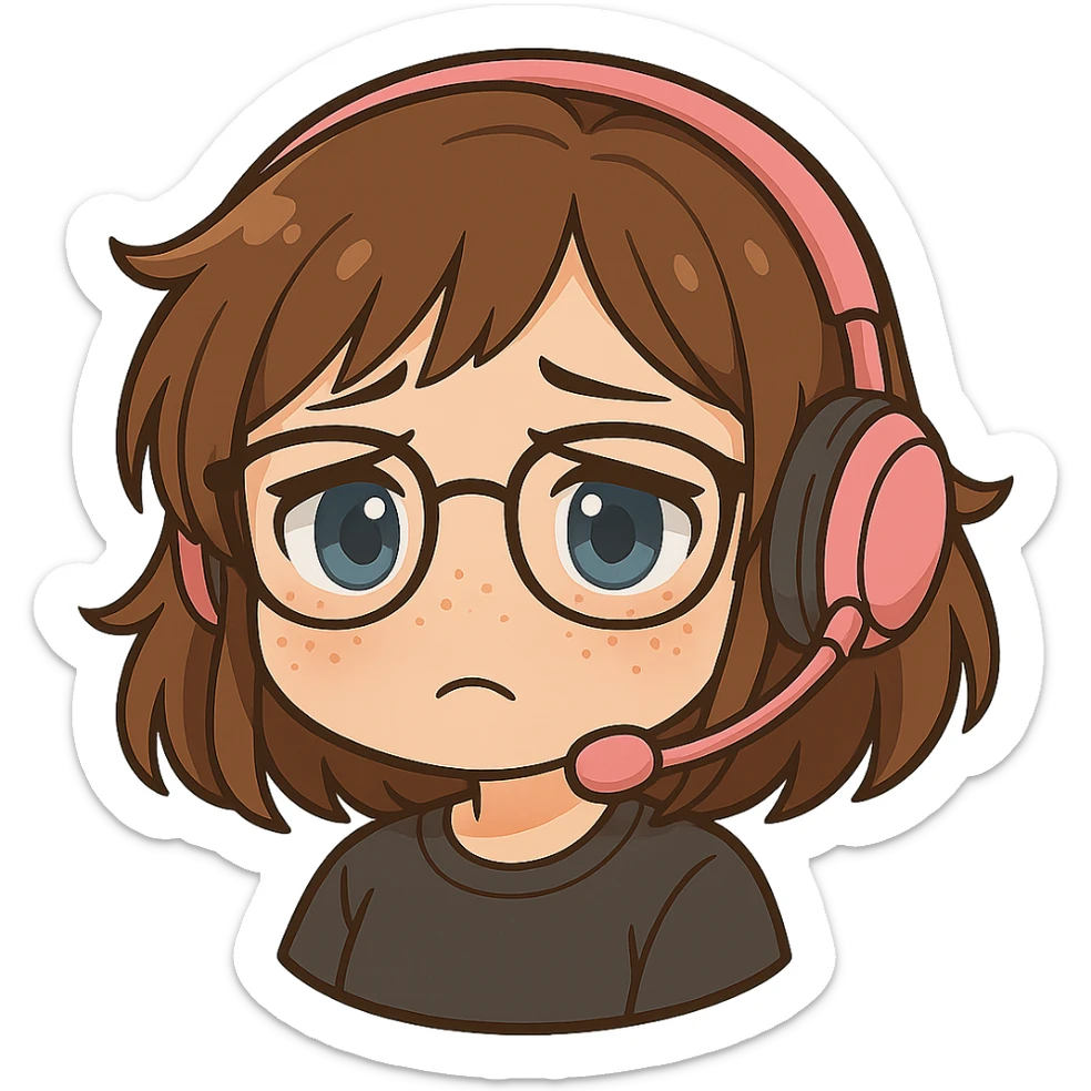 Chibi woman with shoulder length choppy brown hair, pink gaming headset, freckles, glasses, and blue eyes, sad expression, chibi stickers style, no background. sticker