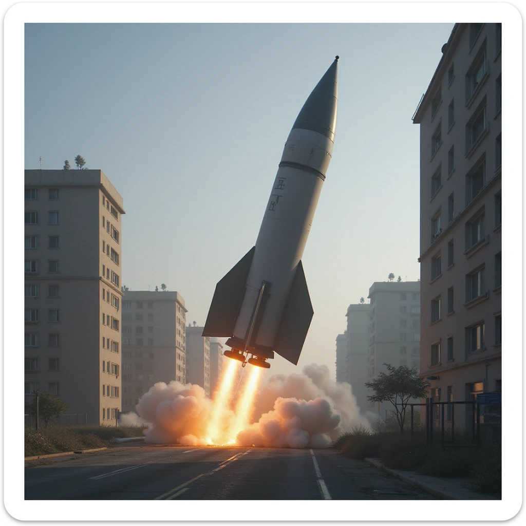 realistic ballistic missile, Photorealism, in an urban landscape sticker
