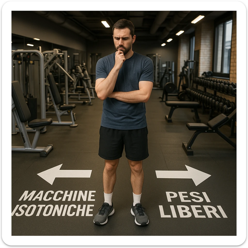 Realistic detailed scene of a man in a gym with an indecisive expression, observing two directional arrows on the floor: one towards isotonic machines, the other towards free weights, with Italian text, atmosphere of doubt, 4K quality. sticker