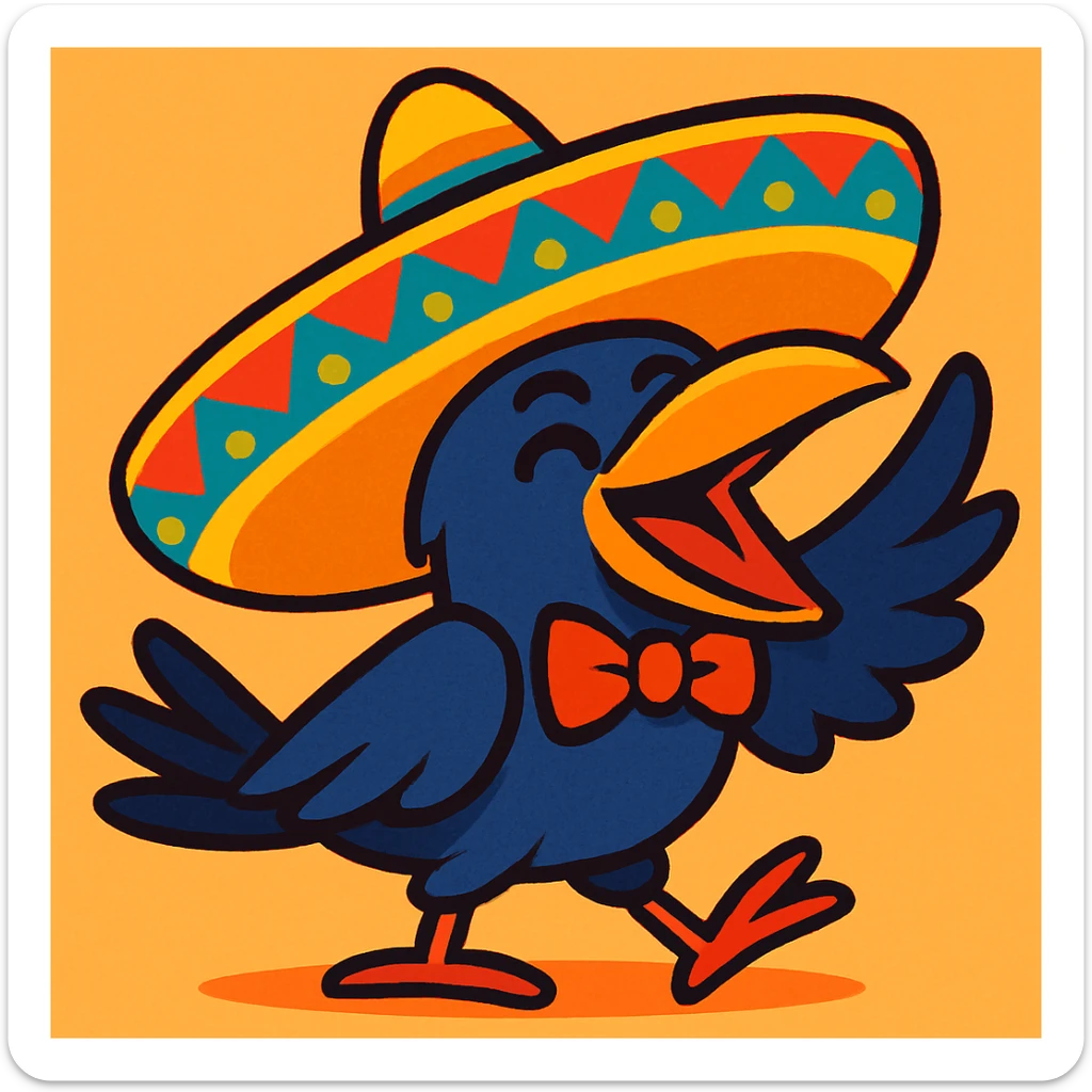 a cartoon crow with a large mariachi sombrero, festive look, colorful and lively sticker
