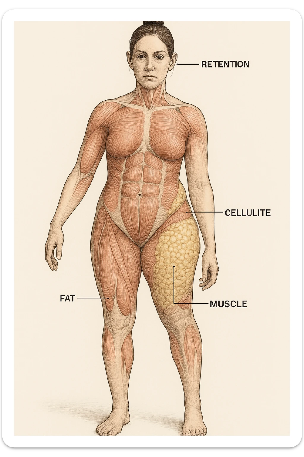 Donna vista anatomicamente con fianchi asimmetrici ed inestetismi come ritenzione e cellulite sticker