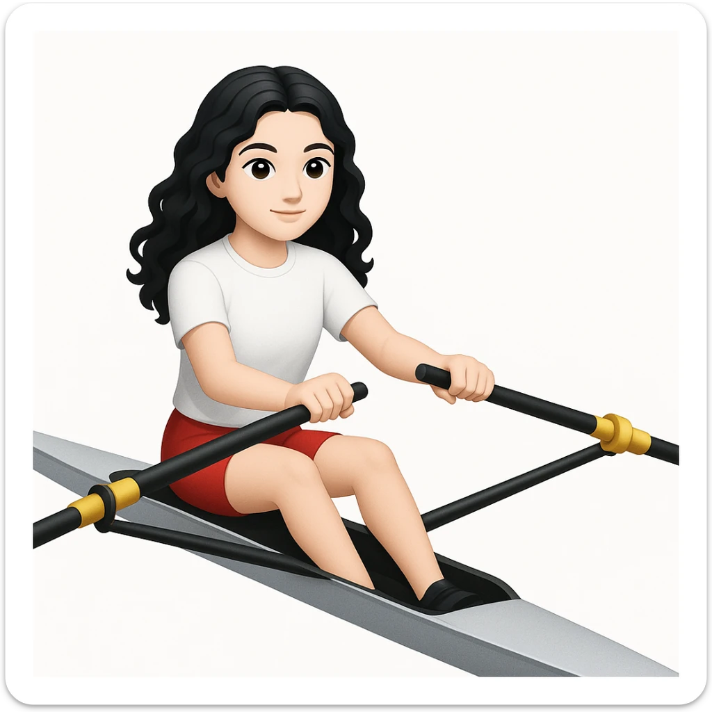 Altındaki tekneyi olimpik kürek sporu için uygun, uzun ve ince yarış teknesi olarak değiştir. Kız siyah uzun dalgalı saçlı, beyaz tenli, kırmızı şort ve beyaz kısa kollu tişörtle olimpik kürek sporu yapıyor sticker