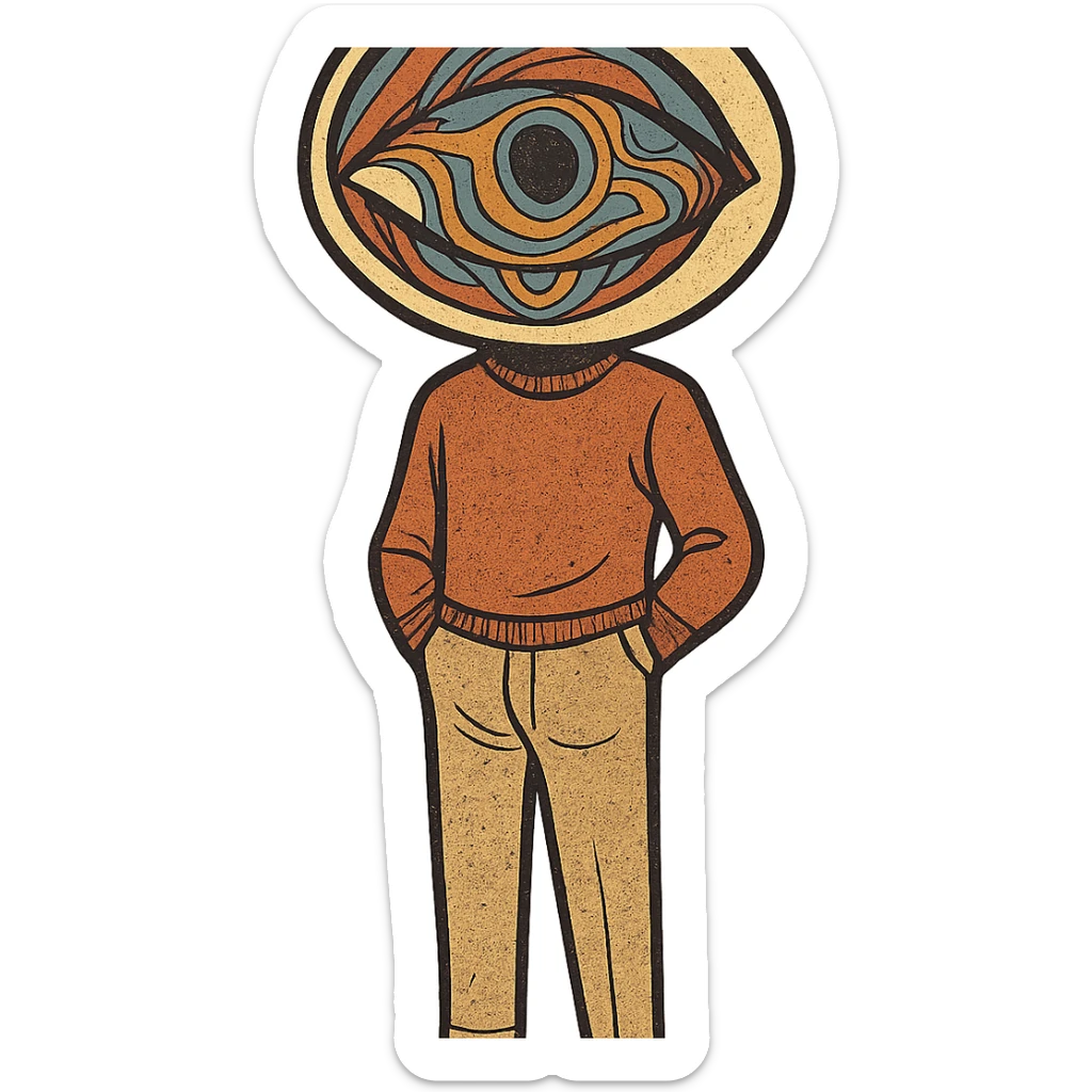 retro style person, head is a single trippy eye, no face, vintage color palette sticker