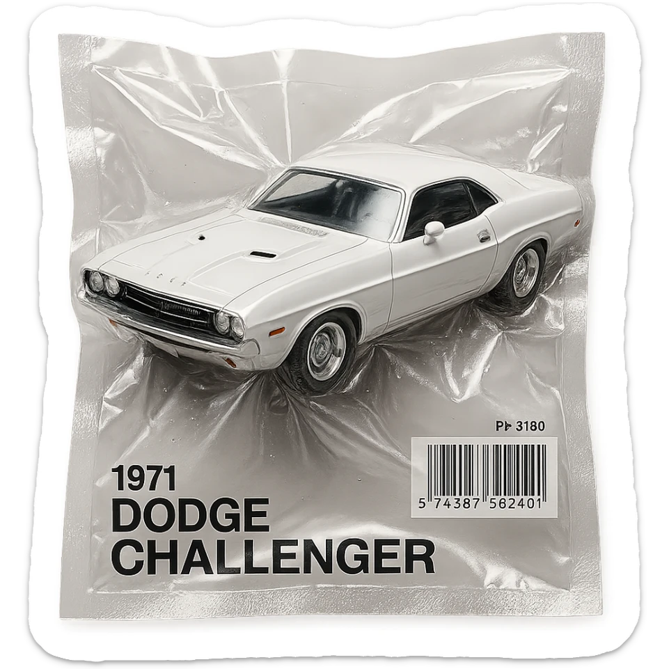 white 1971 Dodge Challenger muscle car, glossy and puffy, inspired by the movie 'Death Proof' sticker