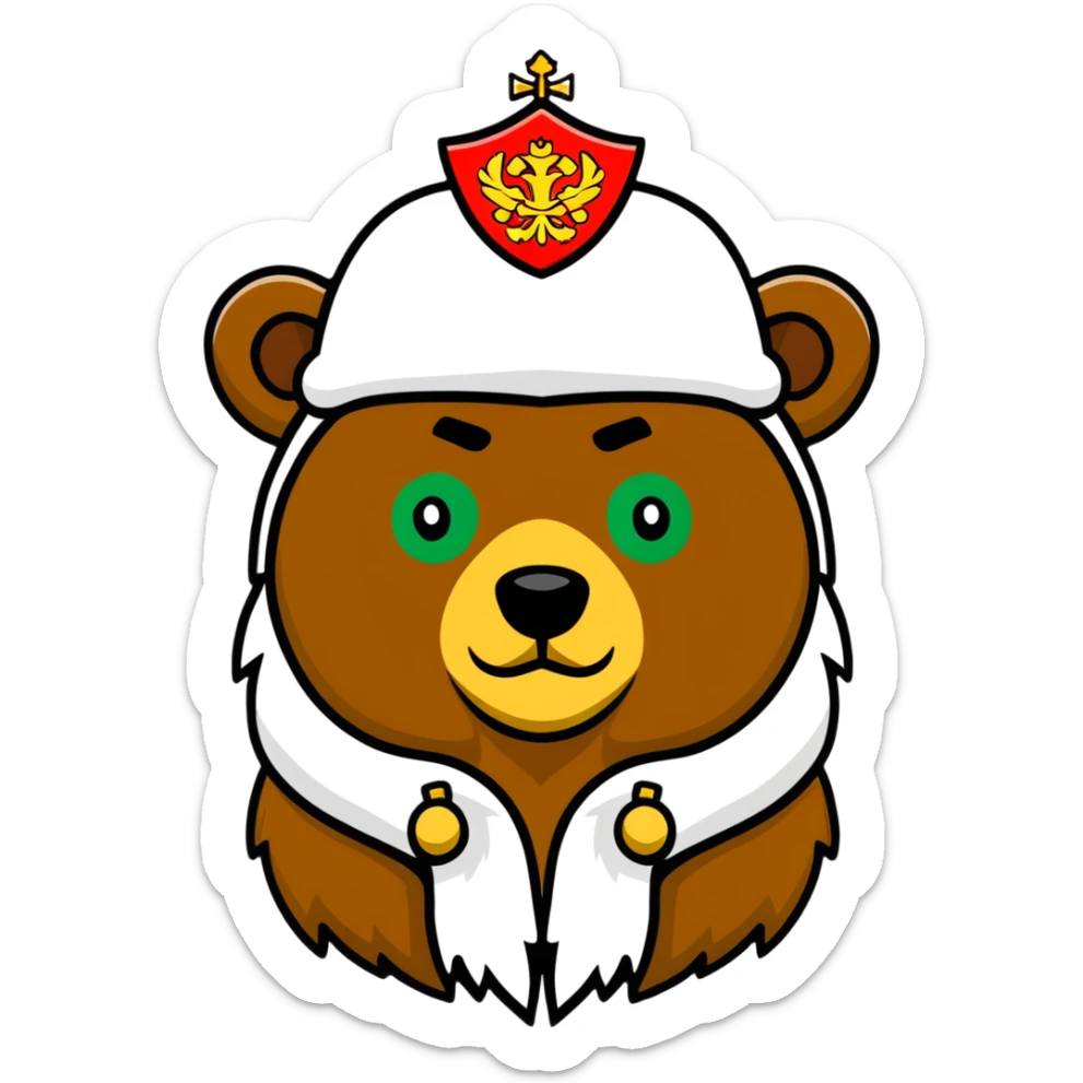Cute grizzly bear face with green eyes, wearing a white fur hat with golden Russian coat of arms in the middle sticker