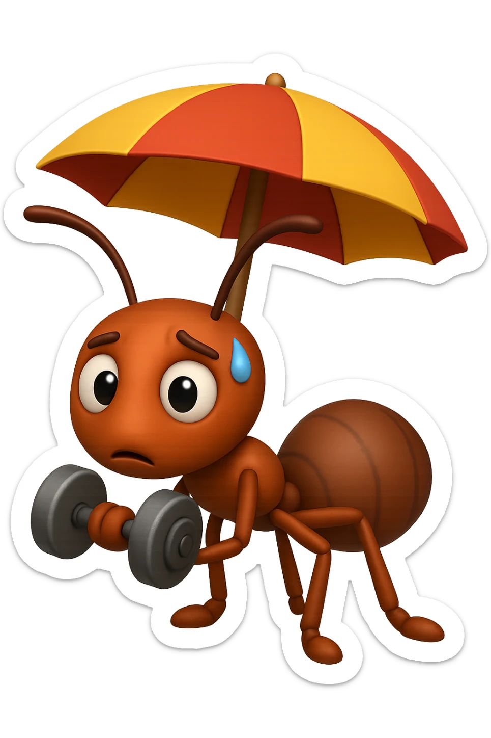 EMOJI STILE IPHONE 3D DI una formica che si allena sotto l'ombrellone in spiaggia con un manubrio da palestra in mano, fagli anche la parte bianca degli occhi, non solo la pupilla sticker