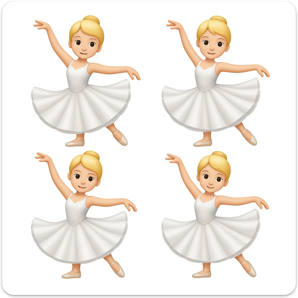 Generate more blonde female ballet dancers in white dresses, similar style and pose to the reference image, in emoji style. The style should mimic the look of apple style emojis with simple and concise features. sticker