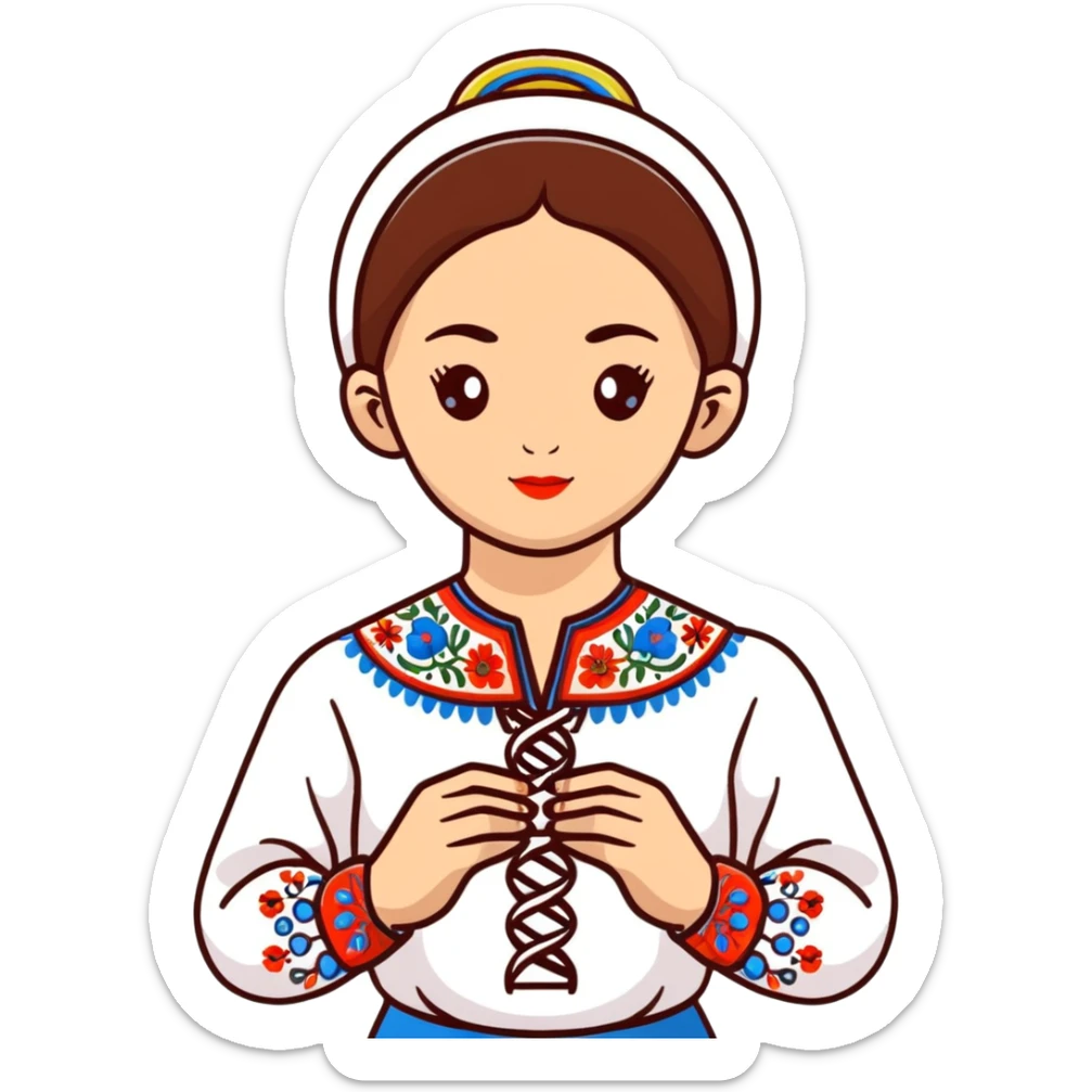 Ukrainian girl in traditional embroidered vyshyvanka shirt holding a DNA molecule in her hand sticker