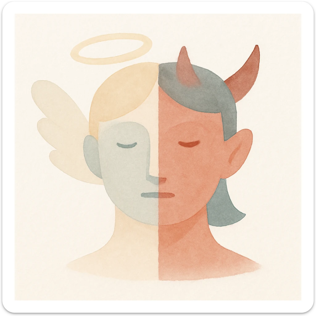 half animated face of an angel and half animated face of a devil, painterly style with soft colors sticker