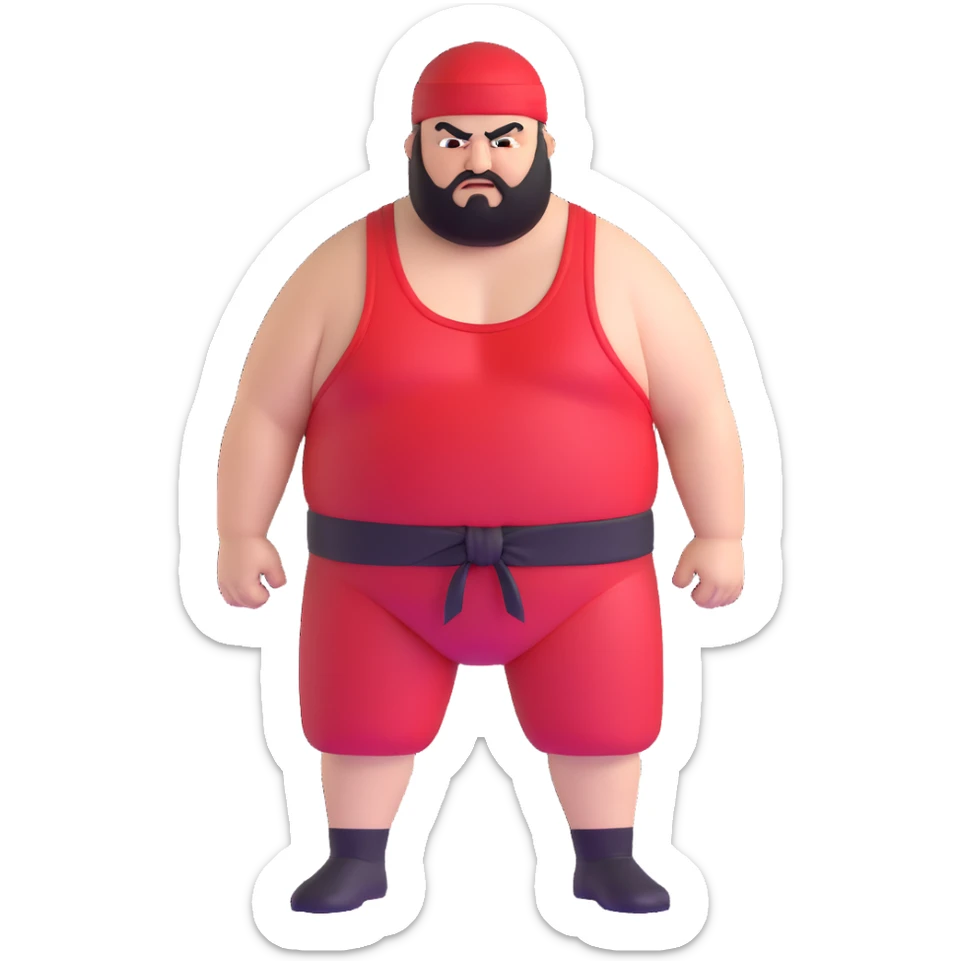 Extreme close-up of face of morbidly obese white skin guy with young face, prominent BLACK DURAG tied clearly on head, black beard but no mustache, clean shaven upper lip, black eyes in a red and black wrestling singlet with angry expression sticker