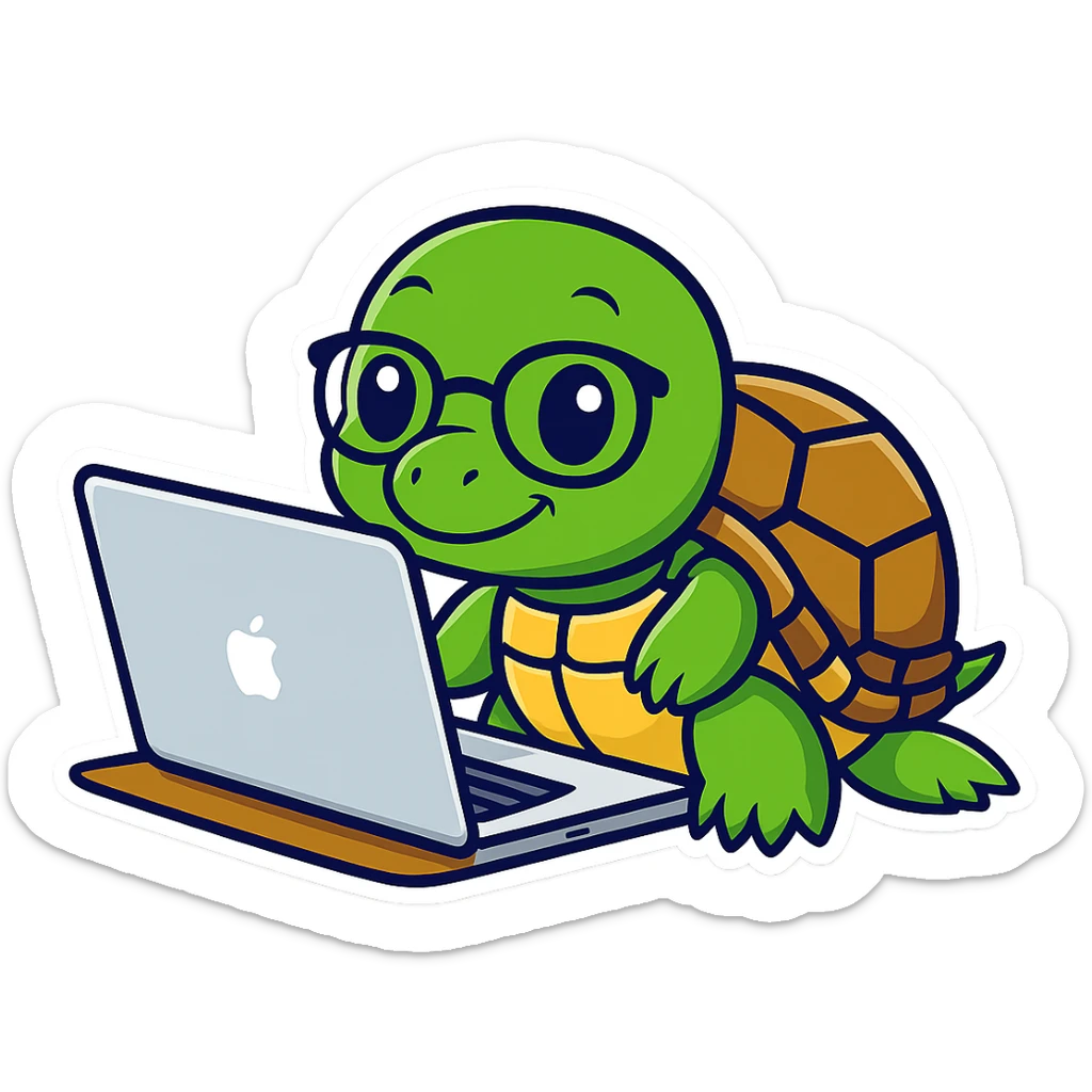 Add glasses to the cartoon turtle holding a MacBook. The original style is cartoon sticker style, so keep the same cartoon sticker look and feel with no background. sticker