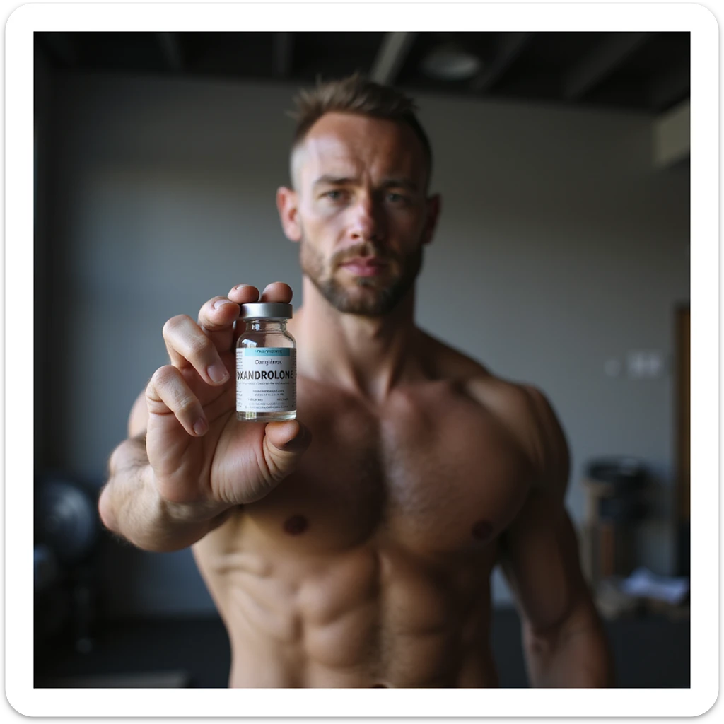 realistic photo of a crossfit athlete holding a vial labeled 'Oxandrolone' in the foreground, visible muscles, neutral atmosphere, gym background sticker